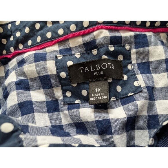 Talbots 1X Womens Blue & White Gingham Button-Down Shirt With Polka Dot Trim - Picture 5 of 7